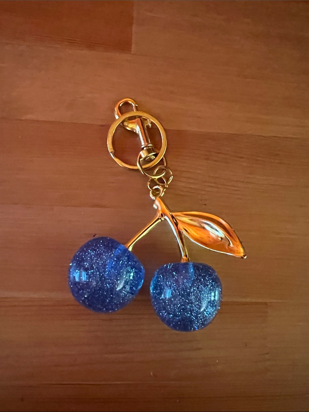 Gold Cherry Pendant Keychain with Sparkling Blue Charms